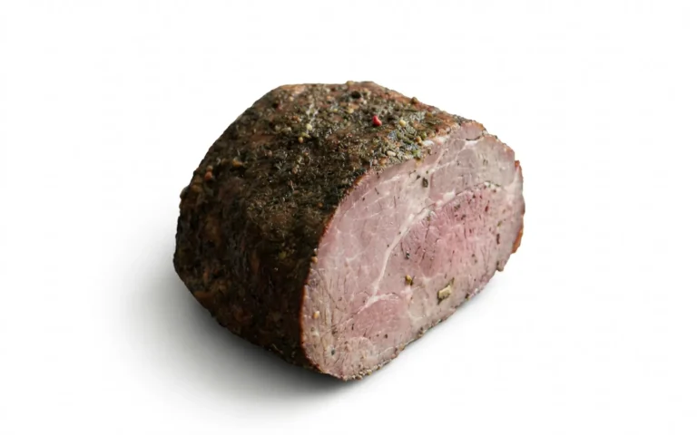 Pastrami van grasgevoerd rund van Erfgoed Bossem op een witte achtergrond.