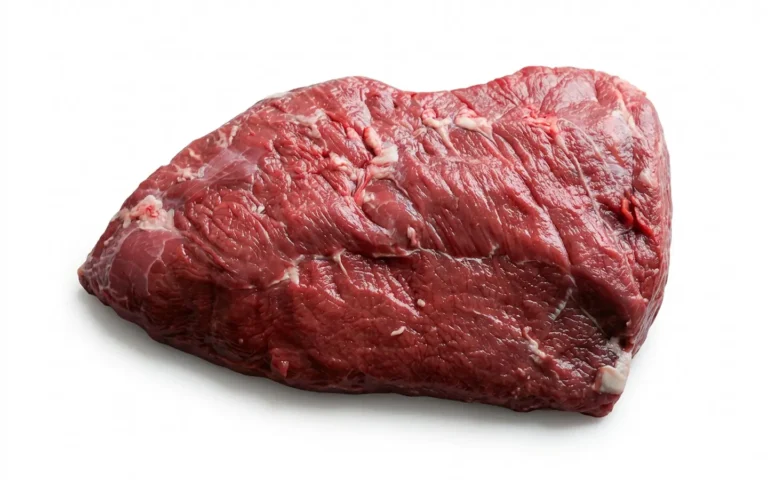Grasgevoerde rauwe picanha (runderstaartstuk) van Erfgoed Bossem met een vetkap op een witte achtergrond.