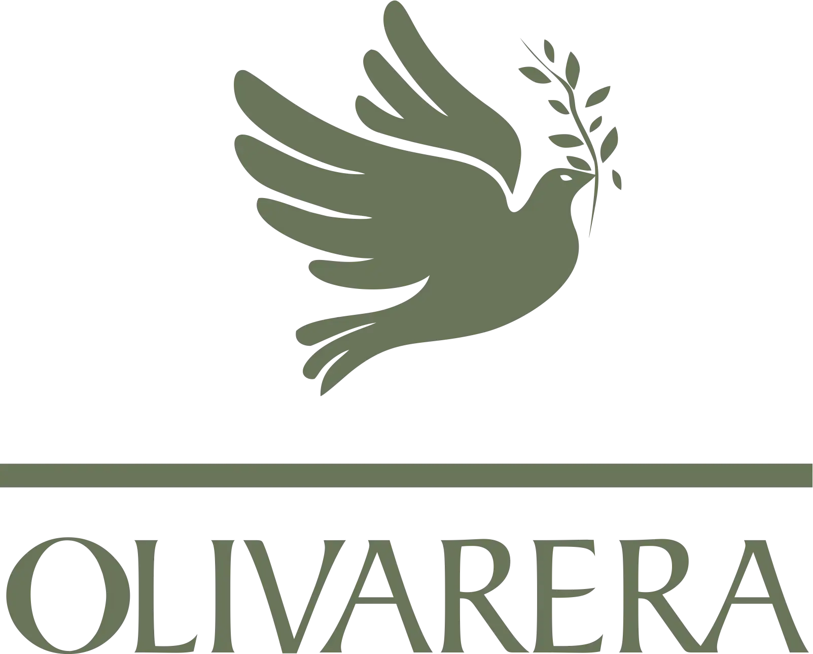 Groen Olivarera logo met duif en olijftak, symbool voor Spaanse extra vierge olijfolie uit Andalusië en directe samenwerking met kleinschalige olijfboeren.