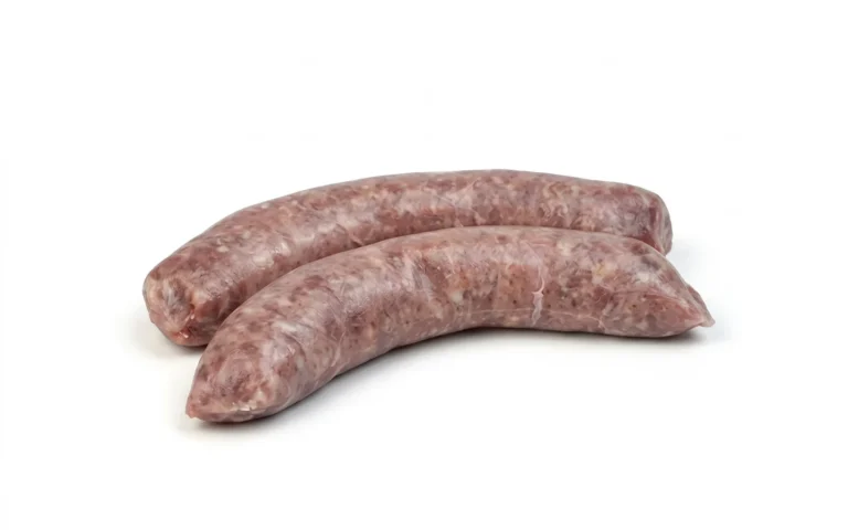 Twee saucijzen met salie van Berkshire × Duroc-varkens van RAUWR, licht gebogen en naast elkaar gelegd
